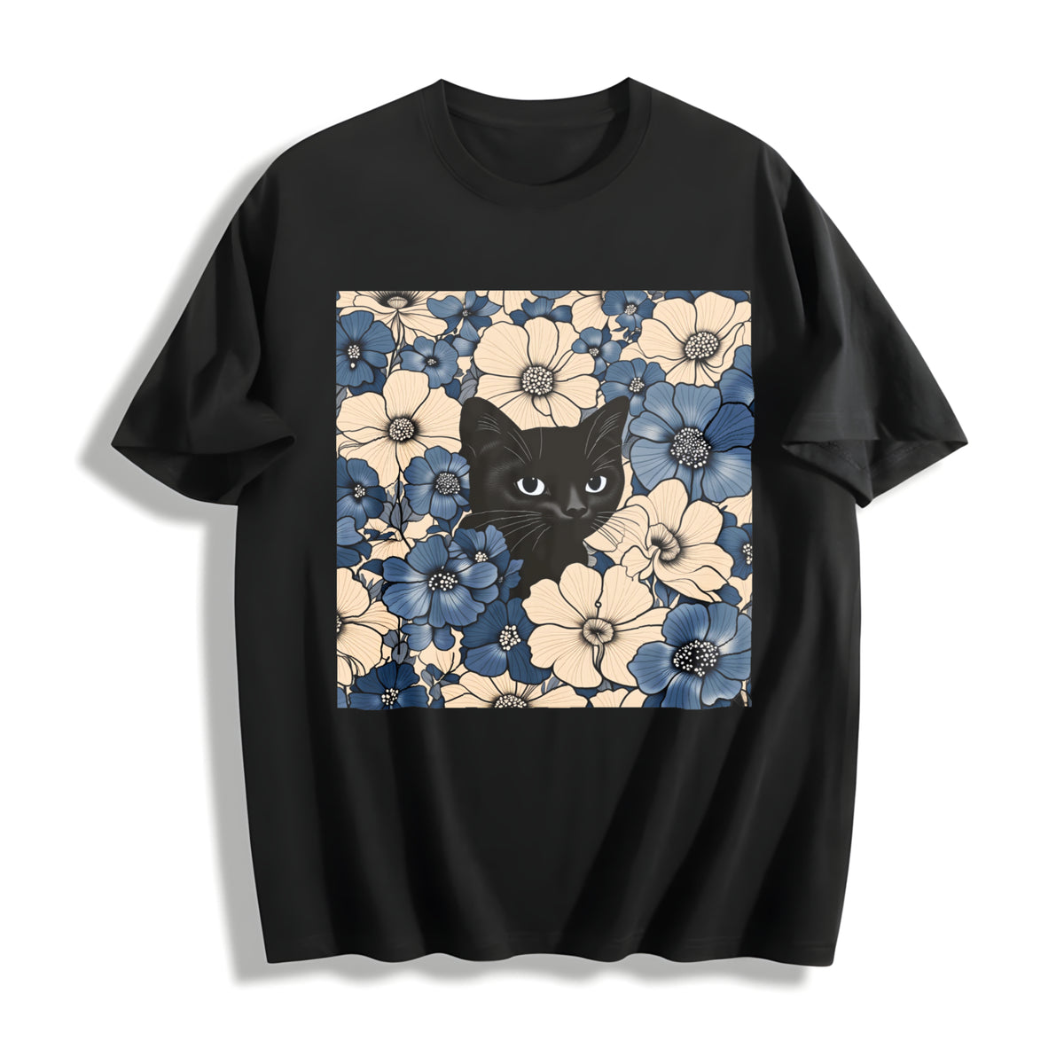 Black Cat Floral Cotton T-Shirt in Black