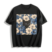 Black Cat Floral Cotton T-Shirt in Black