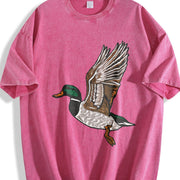 Embroidered Duck Animal Lover Vintage Washed T-Shirt in Red