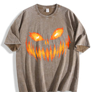 Horror Pumpkin Retro 90s Vintage Washed T-Shirt in Brown