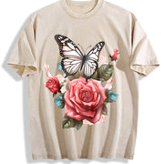 Elegant S Floral Soft Breathable Pink Rose and Green vintage washed oversized T-shirt in Beige