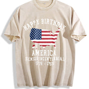 Patriotic Happy Birthday America Vintage Washed T-Shirt in Beige