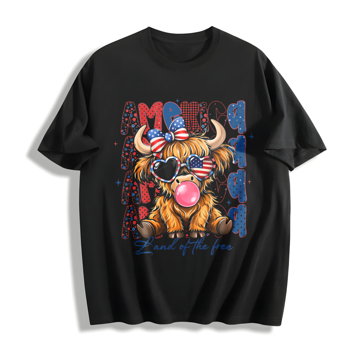Highland Cow 4th July Bow Png Cotton T-Shirt in Black