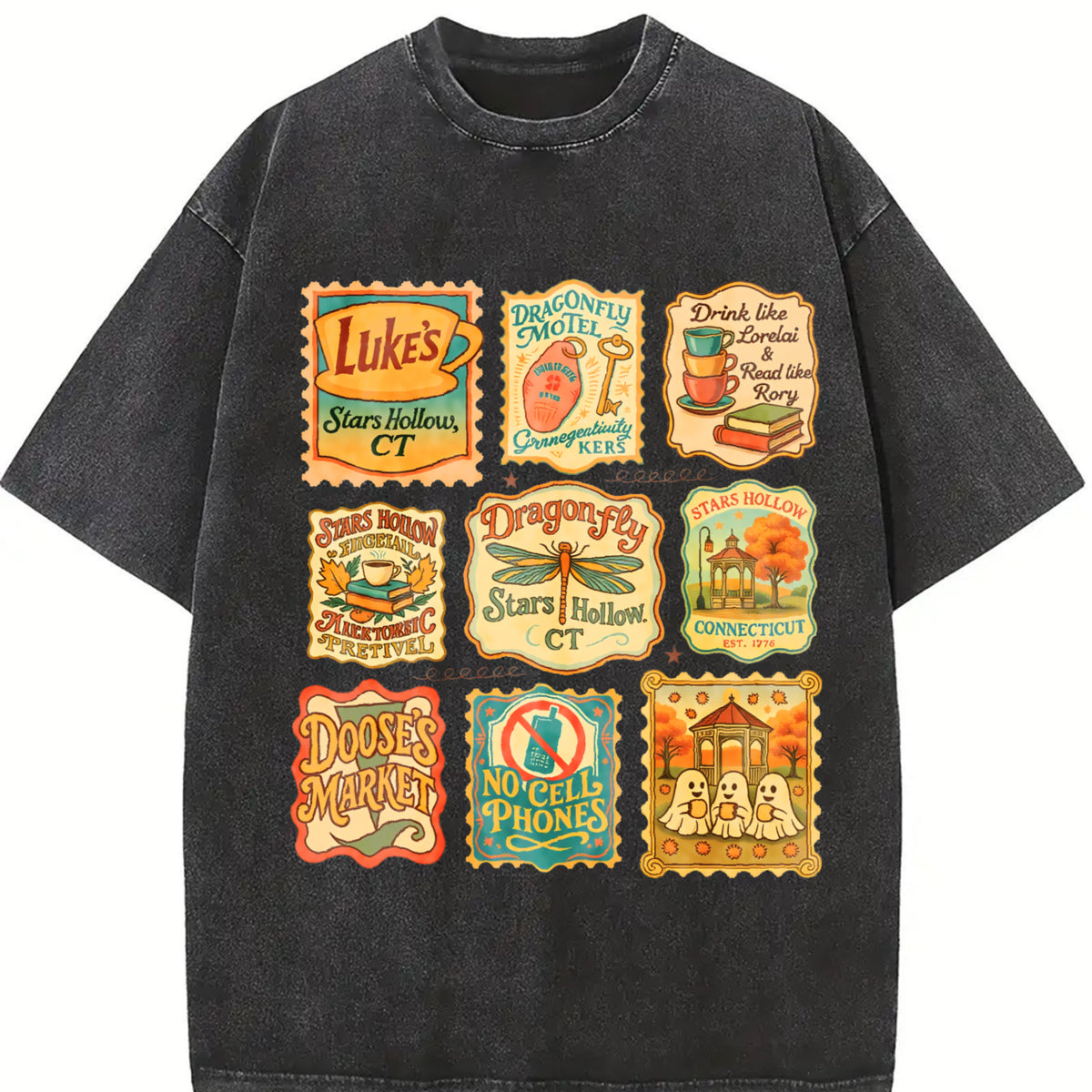 Stars Hollow Connecticut Stamp Lukes Diner Gilmore Girls Vintage Washed T-Shirt in Black