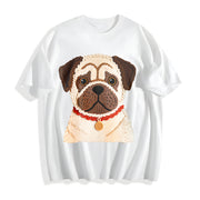 Winter a Pug Round-neck Long-sleeve Cotton T-Shirt in White