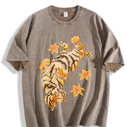 Pure with Tiger Short Sleeved and Slightly Elastic Vintage Washed T-Shirt in Brown
