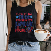 Land 0f the Free Because My Daddy Is Brave Military Child Women's Color Cotton Tank Top in Black