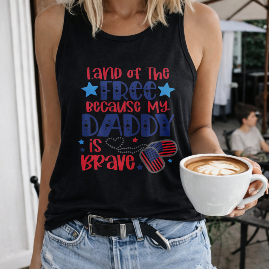Land 0f the Free Because My Daddy Is Brave Military Child Women's Color Cotton Tank Top in Black