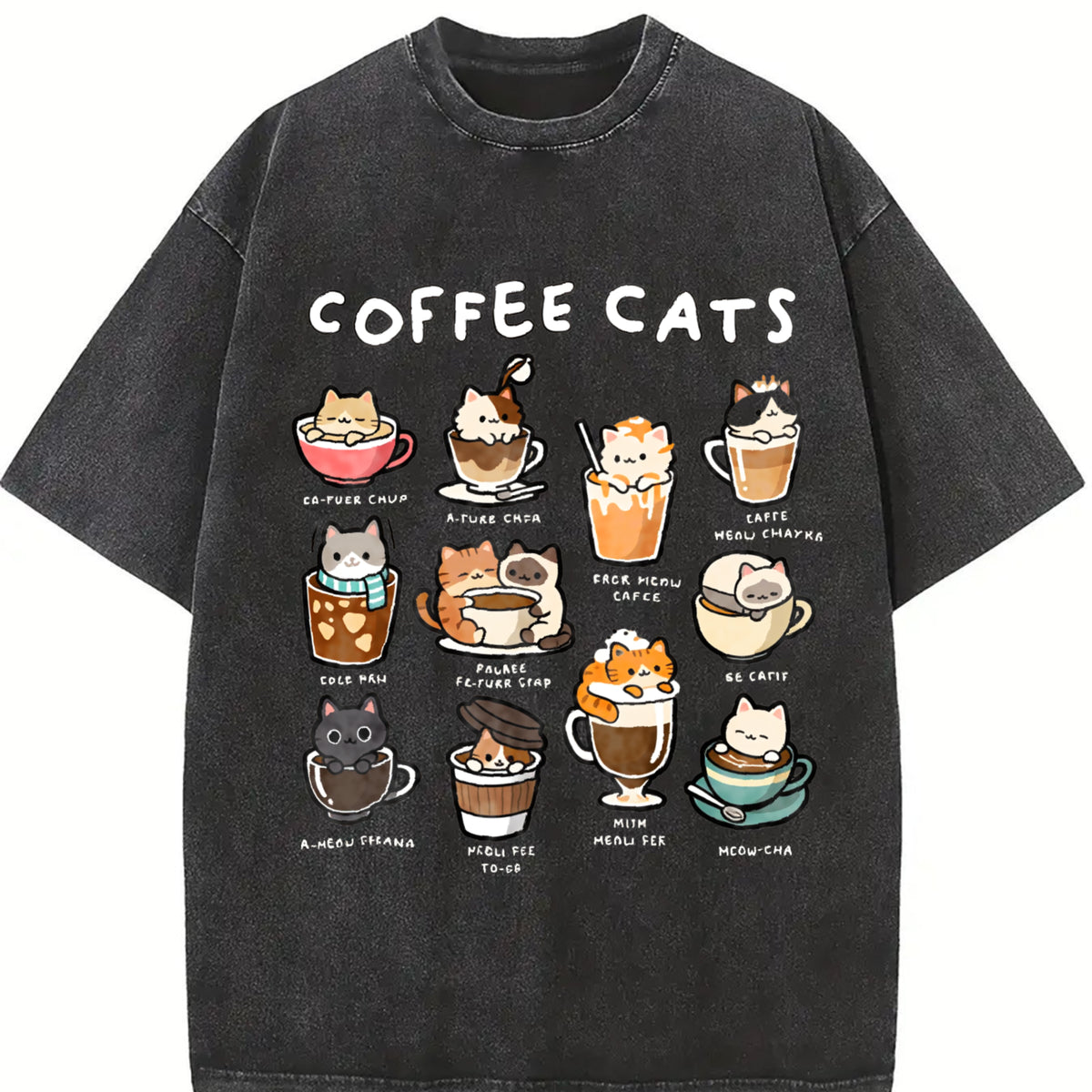 Coffee Cats Cat Drink Vintage Washed T-Shirt in Black