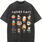 Coffee Cats Cat Drink Vintage Washed T-Shirt in Black