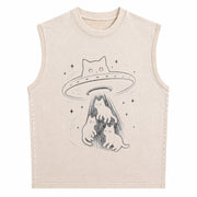 Cat UFO Cute Kitty Space Spaceship Alien Vintage Washed Tank Top in Beige