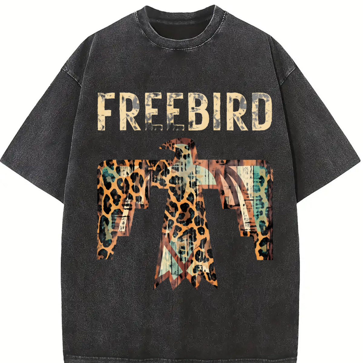 Free Bird Western Thunderbird Leopard vintage washed oversized T-shirt in Black