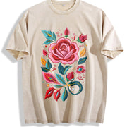 Bohemian Floral Imitation Embroidery Vintage Washed T-Shirt in Beige