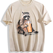 Raccoon Drinking Iced Coffee 90s Vintage Washed T-Shirt in Beige