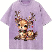 Christmas Reindeer & Deer Vintage Washed T-Shirt in Purple