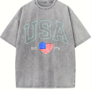 Embroidered USA Flag Vintage Washed T-Shirt in Gray