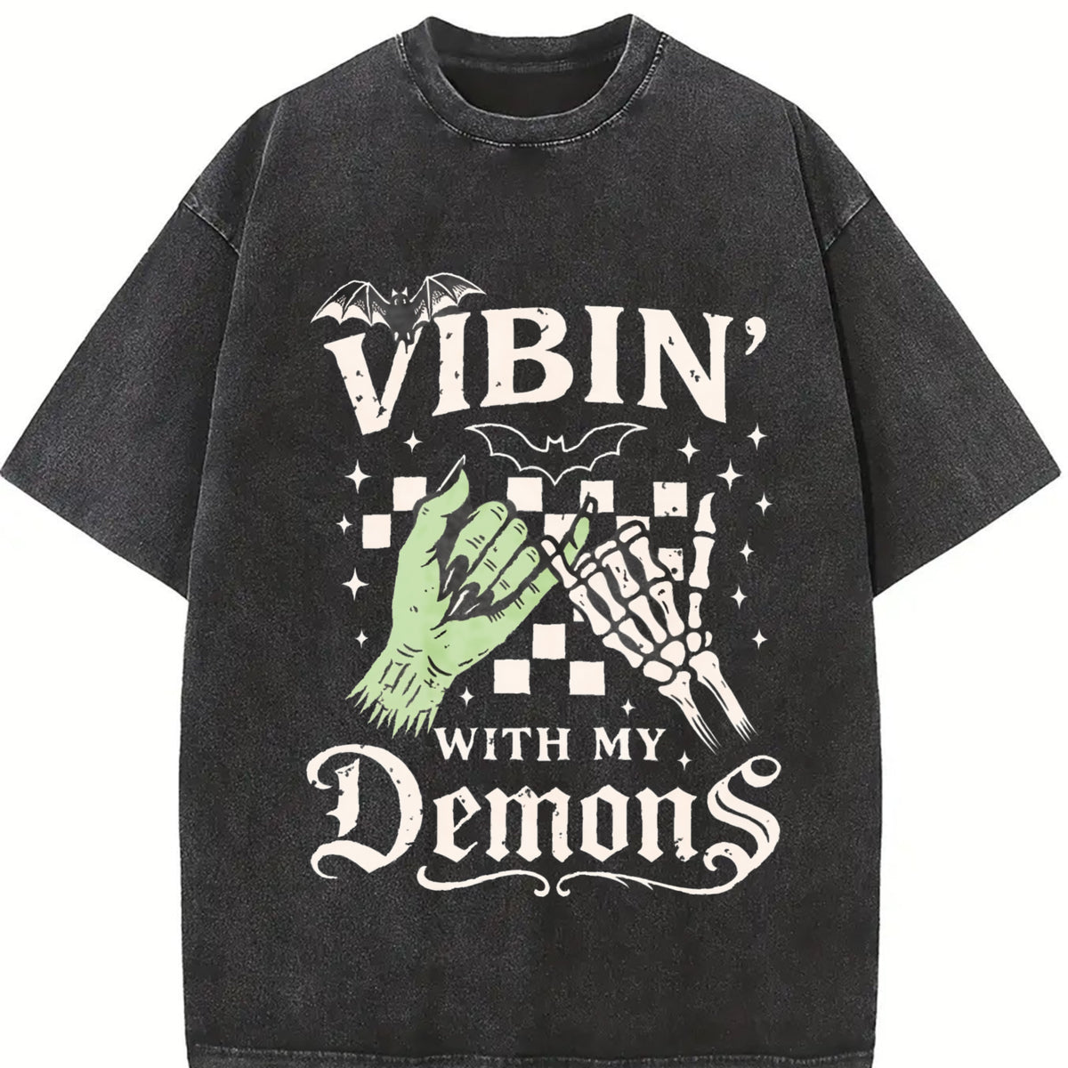 Vibin' with My Demons Skeleton vintage washed oversized T-shirt in Black