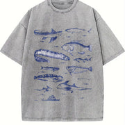 Fish Tattoo Retro Fisher Vintage Washed T-Shirt in Gray