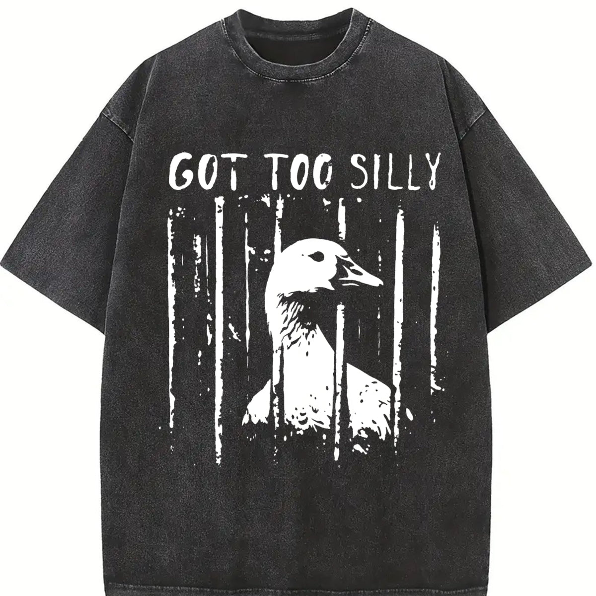 Unhinged Goose Got Too Silly Jail Meme Boxy DTG Vintage Washed T-Shirt in Black