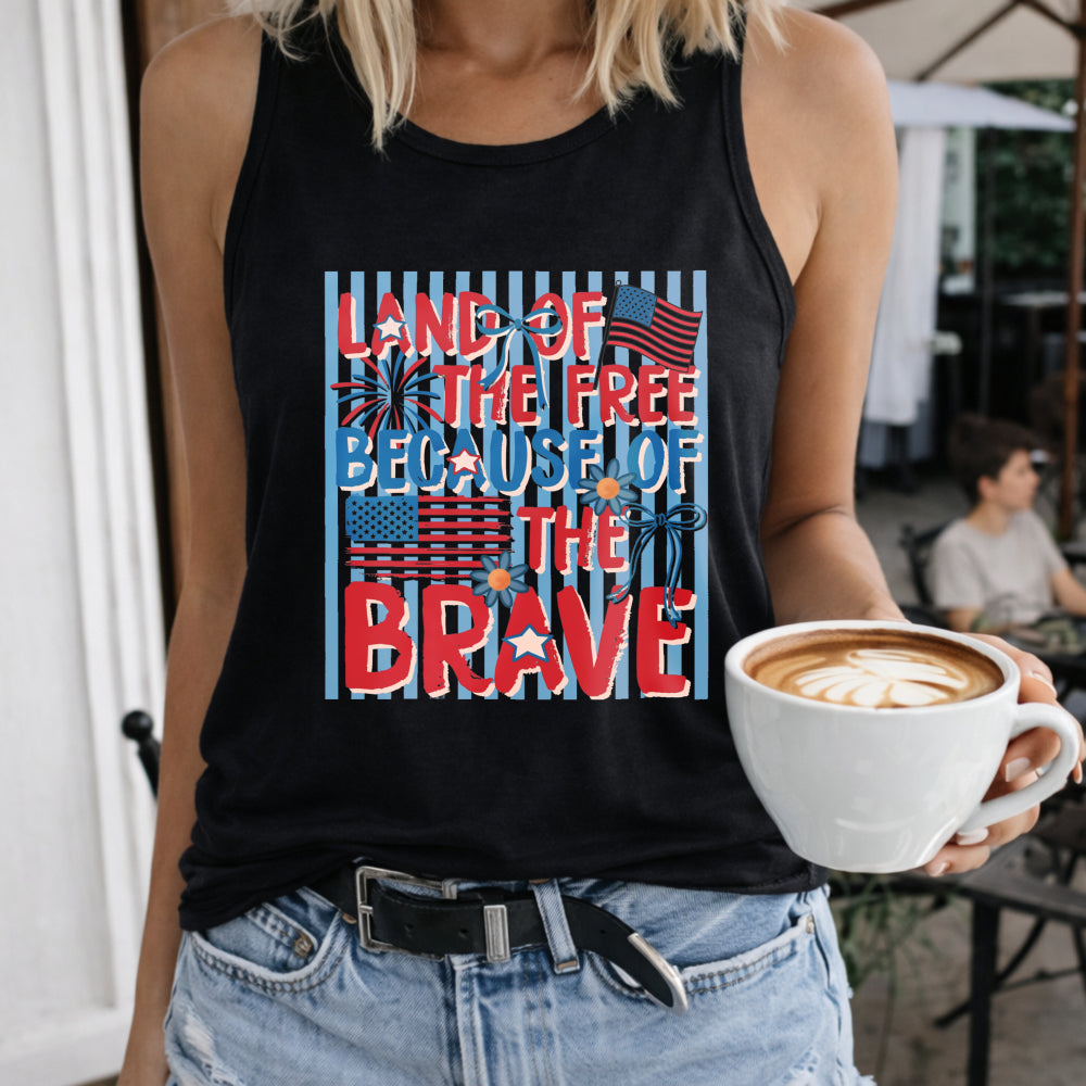 Land of the Free Because of the Brave Women's Color Cotton Tank Top in Black