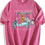 Let's Roll Golf Cart Golden Retriever Vintage Washed T-Shirt in Red
