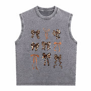With Leopard Material Plus Black Floral Light Floral Vintage Washed Tank Top in Gray