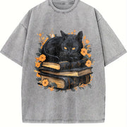 Cat on Book with Autumn Leaves All Seasons Vintage Washed T-Shirt in Gray