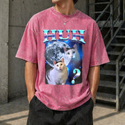 Playful Humor Cat Meme Vintage Washed T-Shirt in Red