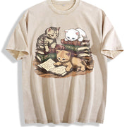 Kittens Reading Books Vintage Washed T-Shirt in Beige