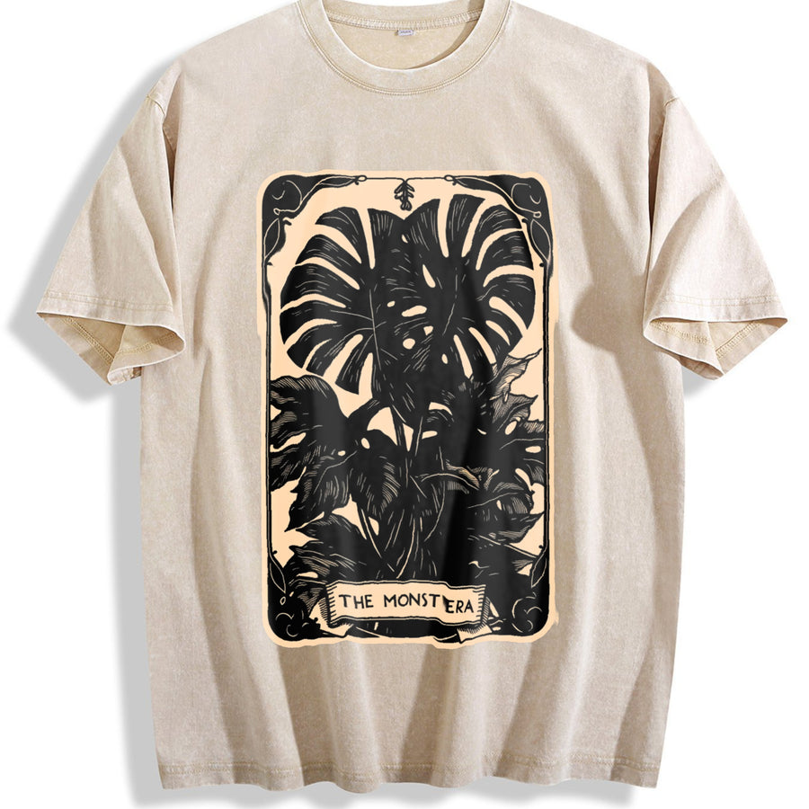 The Monstera Deliciosa Tarot Card Green Witch Plant Lover vintage washed oversized T-shirt in Beige