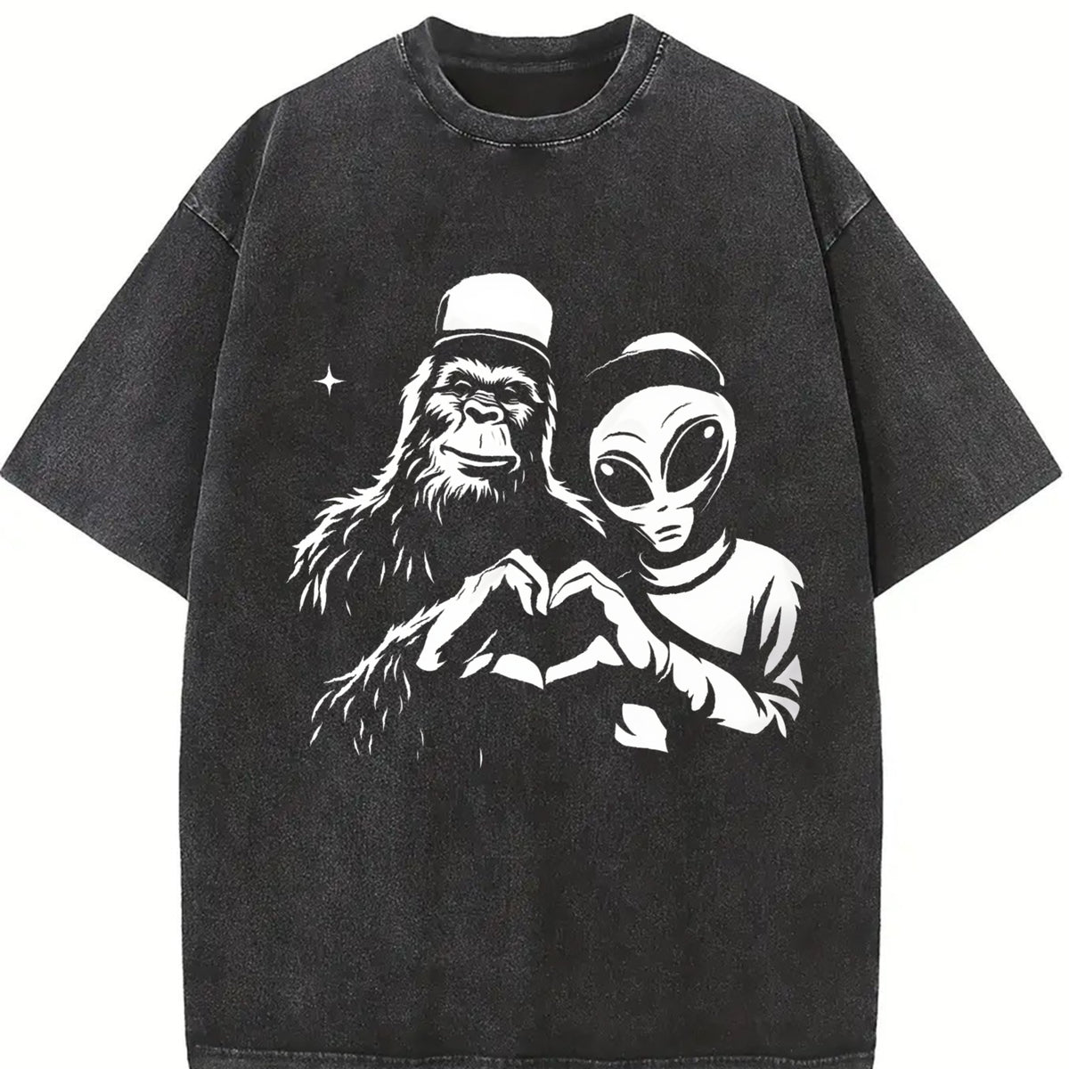 Retro Bigfoot and Alien Heart Hands Vintage Washed T-Shirt in Black