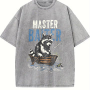 Retro Master Baiter Raccoon Fishing Vintage Washed T-Shirt in Gray