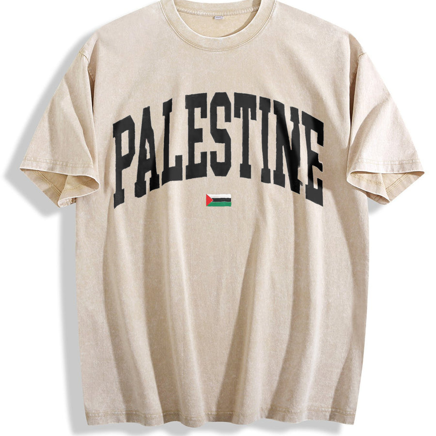 Palestines Flag Hip Hop Harajuku Distressed Festive vintage washed oversized T-shirt in Beige
