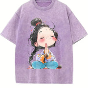 Retro Thick Blouse-compatible Vintage Washed T-Shirt in Purple