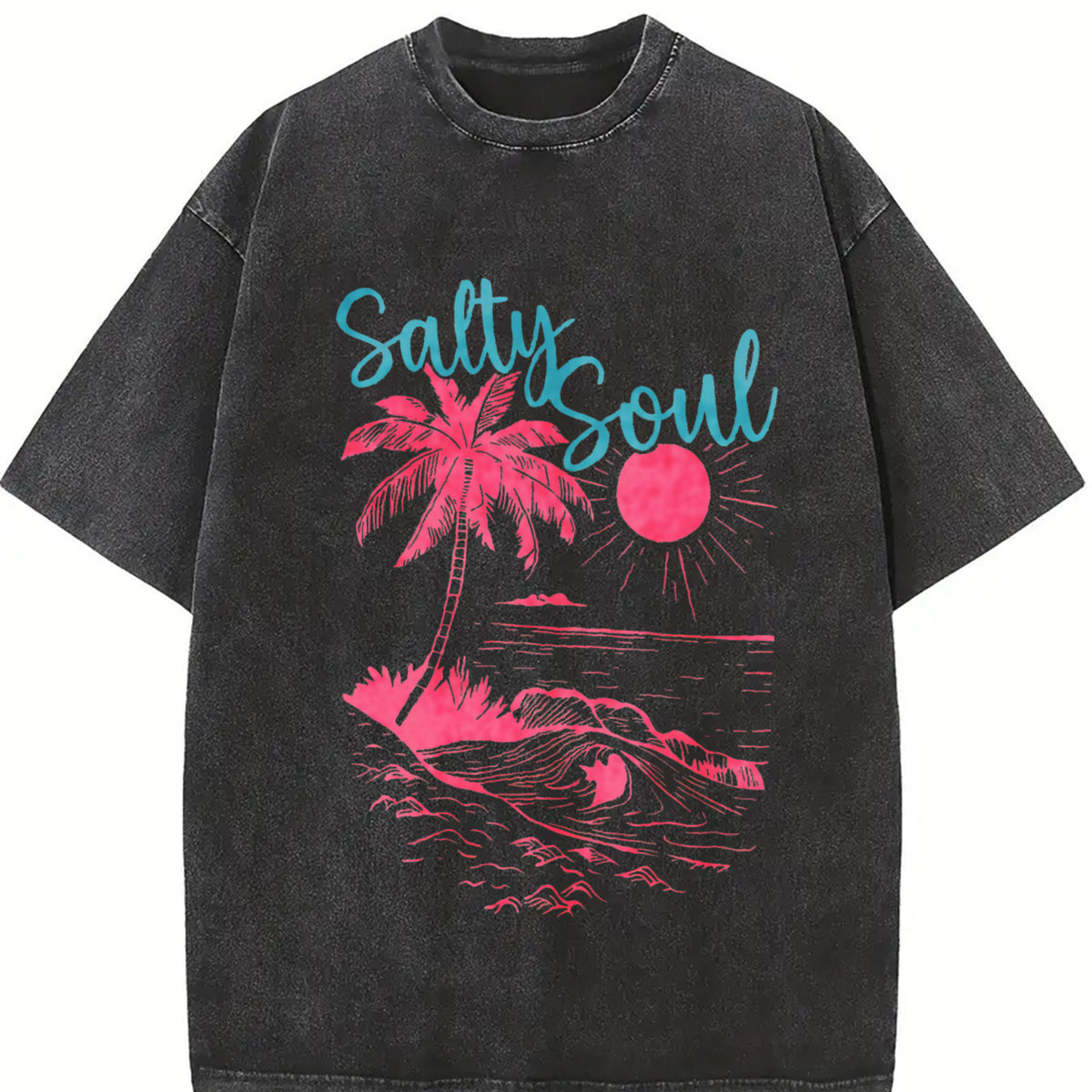 Salty Soul Palm Tree Beach vintage washed oversized T-shirt in Black