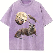 Otter Moon Retro River Otters Wildlife Vintage Washed T-Shirt in Purple