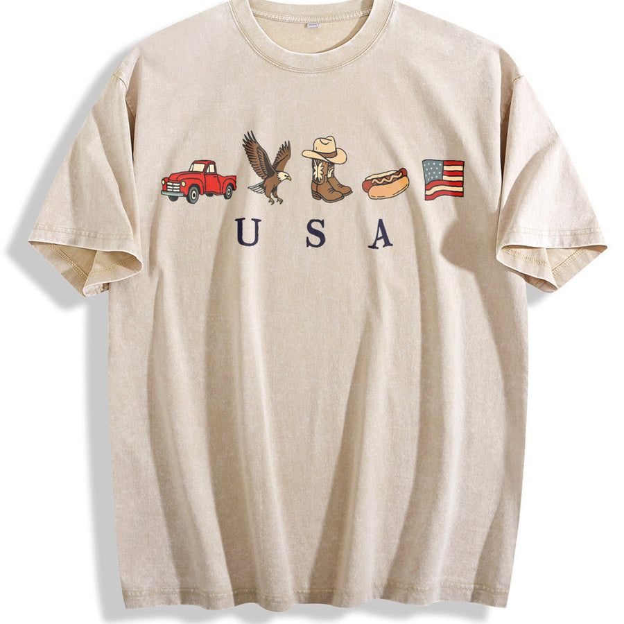 Classic USA Truck Eagle Cowboy Boot Hot Dog Vintage Washed T-Shirt in Beige