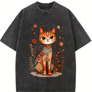 Retro Cat Short-sleeve Vintage Washed T-Shirt in Black