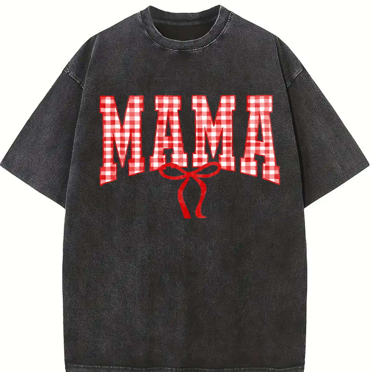 Mama Gingham Bow Cute Mom Vintage Washed T-Shirt in Black
