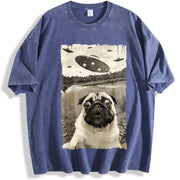 Pug UFO Encounters - UFO and Pug Selfie vintage washed oversized T-shirt in Blue