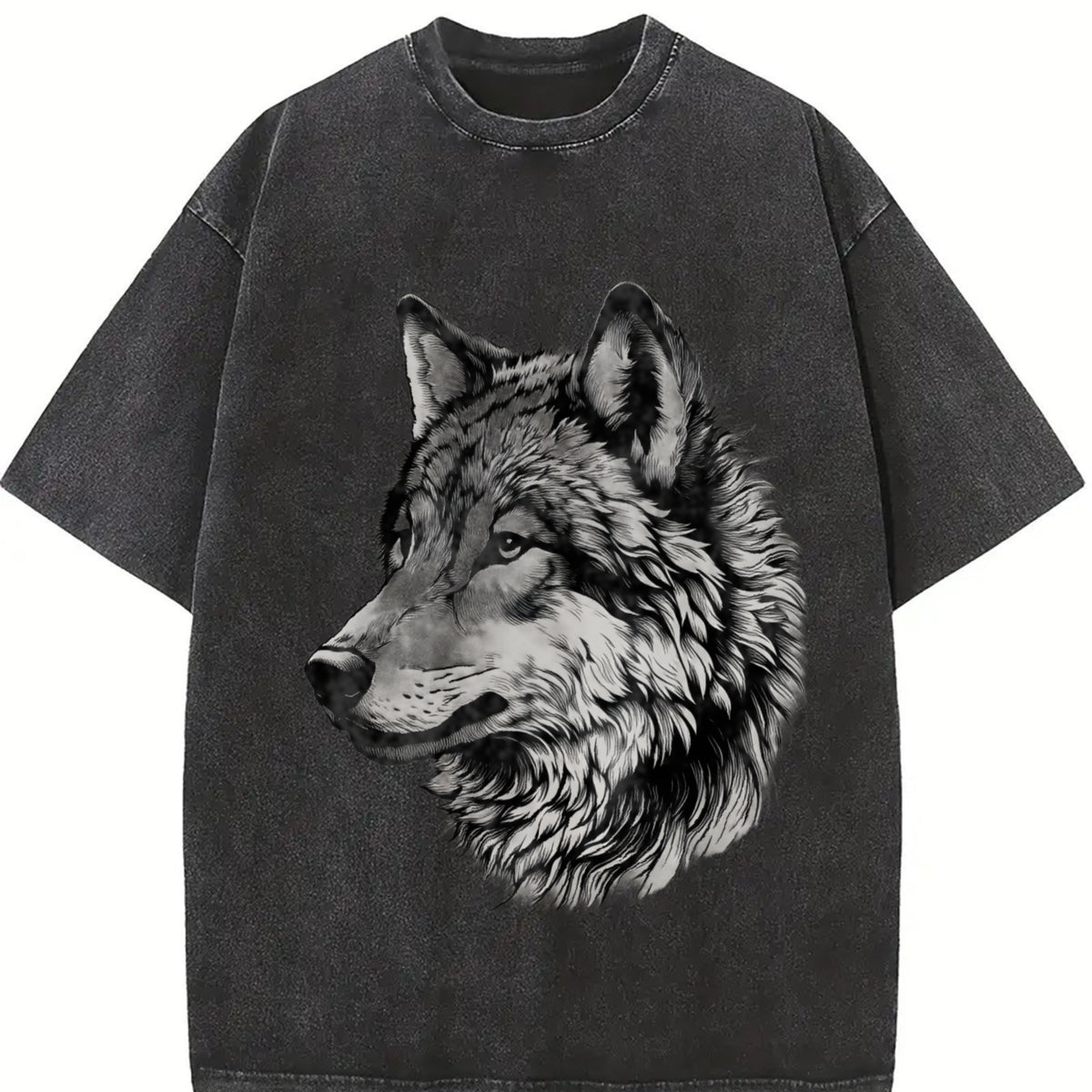 Retro Wolf Face Hand Drawing 90s Vintage Washed T-Shirt in Black
