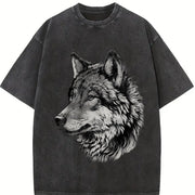 Retro Wolf Face Hand Drawing 90s Vintage Washed T-Shirt in Black