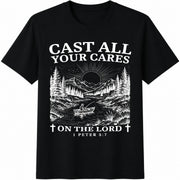 Christian Cast All Your Cares Lord 1 Peter 5:7 Nature Cotton T-Shirt in Black
