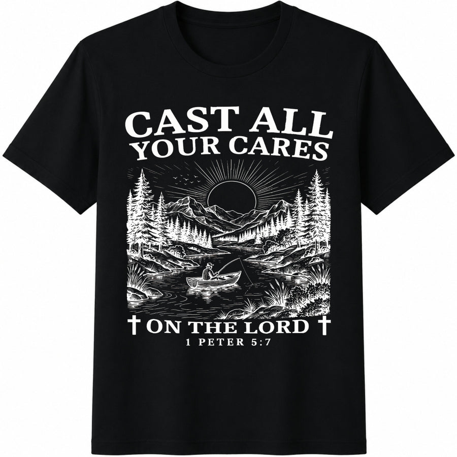 Christian Cast All Your Cares Lord 1 Peter 5:7 Nature Cotton T-Shirt in Black