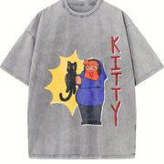 Caseoh KITTY New Short-sleeved Vintage Washed T-Shirt in Gray