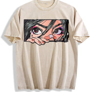 Anime Girl Peeking Eyes Sleeveless Vest Y2K Sleeveless Vintage Washed T-Shirt in Beige