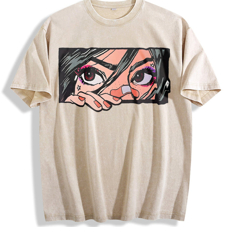 Anime Girl Peeking Eyes Sleeveless Vest Y2K Sleeveless Vintage Washed T-Shirt in Beige