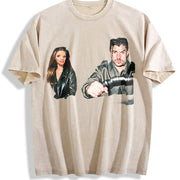 Retro Couple Portrait Vintage Washed T-Shirt in Beige