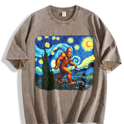 Retro Bigfoot on Starry Night 90s Vintage Washed T-Shirt in Brown