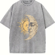 Mystical Sun and Moon Face Yin Yang Hippie Chic Hippy Vintage Washed T-Shirt in Gray